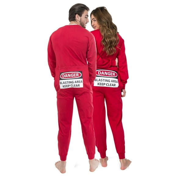 Pyjama de Dormeur de Costume d'Union Rouge avec le Rabat Arrière Drôle "Zone de Dynamitage Dangereuse"