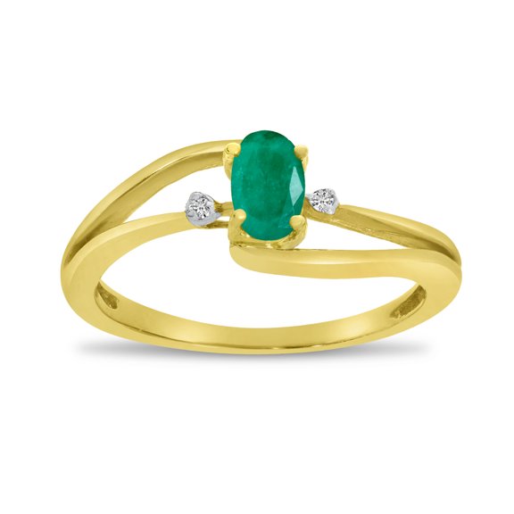 10k Yellow Gold Oval Emerald And Diamond Wave Ring