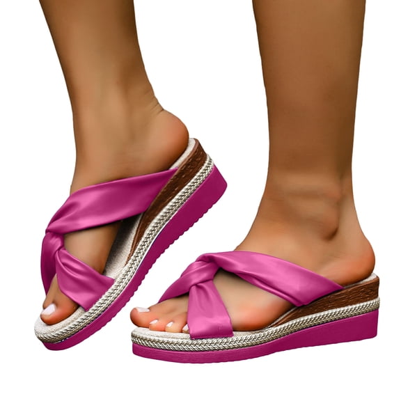 Espadrilles for Women Open Toe Slides Sandals Solid Color Soft Leather Strap Slip on Wedges Heels Casual Beach Shoes Pink Size 7