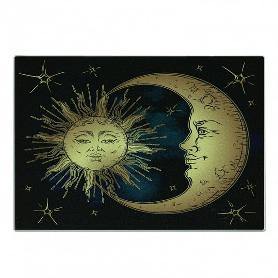 Psychedelic Cutting Board, Moon and Sun in Antique Style Lunar Myth Astrology Art Print, Decorative Tempered Glass Cutting and Serving Board, Small Size, Petrol Blue Yellow, by Ambesonne