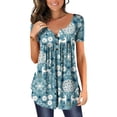 thumbnail image 2 of Dezsed Womens Henley Casual Blouse Button T Shirts Clearance Womens Casual Tops V- Neck Hide Belly Short Sleeve T-Shirts Cute Flowy Tunic Blouses Sky Blue L, 2 of 7