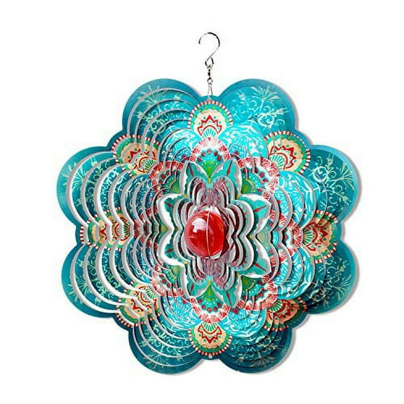 FONMY 12 inch Blue Flower Mandala Wind Spinner with a Gazing Ball