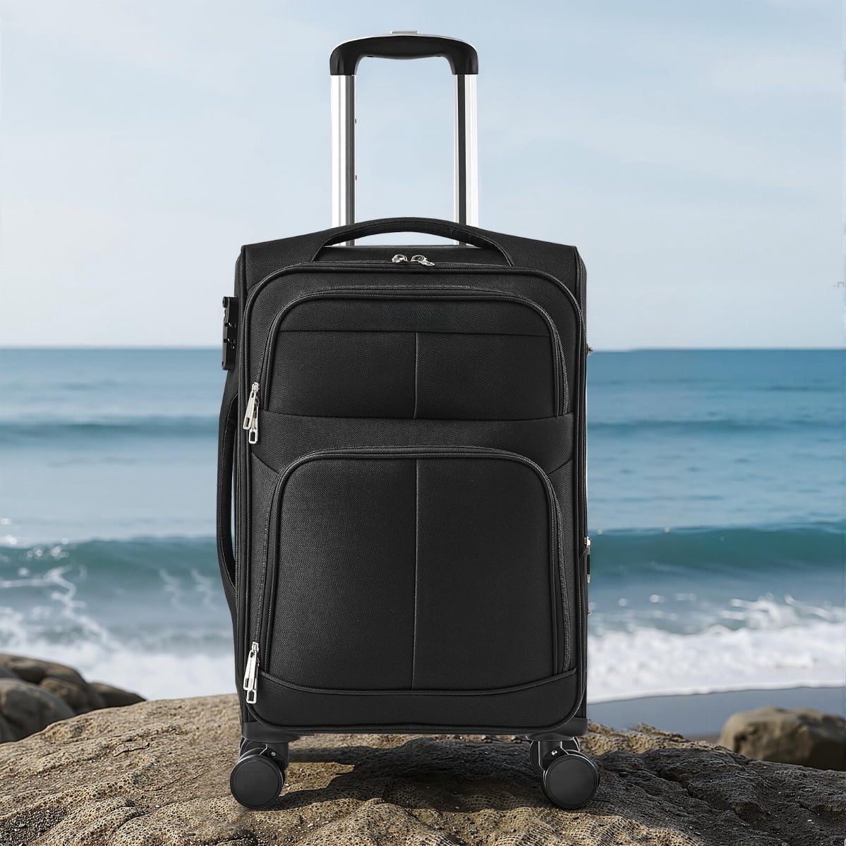 Softside Expandable Luggage with Spinner Wheels, 24-Inch Softside Checked Medium Luggage, Lightweight Checked Suitcase with Expandable Zippered Pocket and TSA Lock, Black