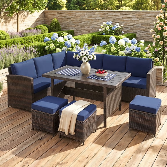 Costway 7 PCS Patio Furniture Set Rattan Sectional Conversation Sofa Coffee Table Porch Mixed Brown Navy