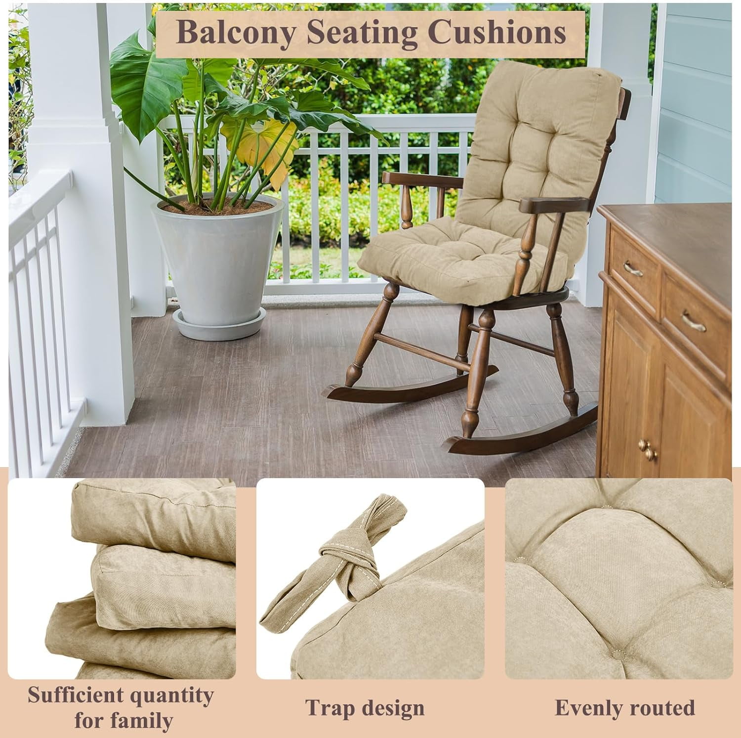 4 Sets Outdoor Patio Chair Cushions Seat High Back Tufted Pillow Replacement Rocking Chair Cushions Pads for Patio Summer Seasonal Indoor Home Office(Beige)