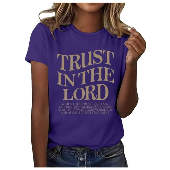 Women's Summer Casual Art Letter Print Solid Color Round Neck Short Sleeve Tee Top Blouse