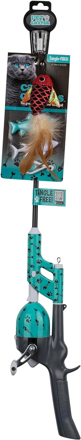 Cat Caster Fishing Pole Toy | Tangle Free, Retractable & Easy to Store. Includes Two Interchangeable Teaser Toys | The Ultimate Gift for Kitty Lovers
