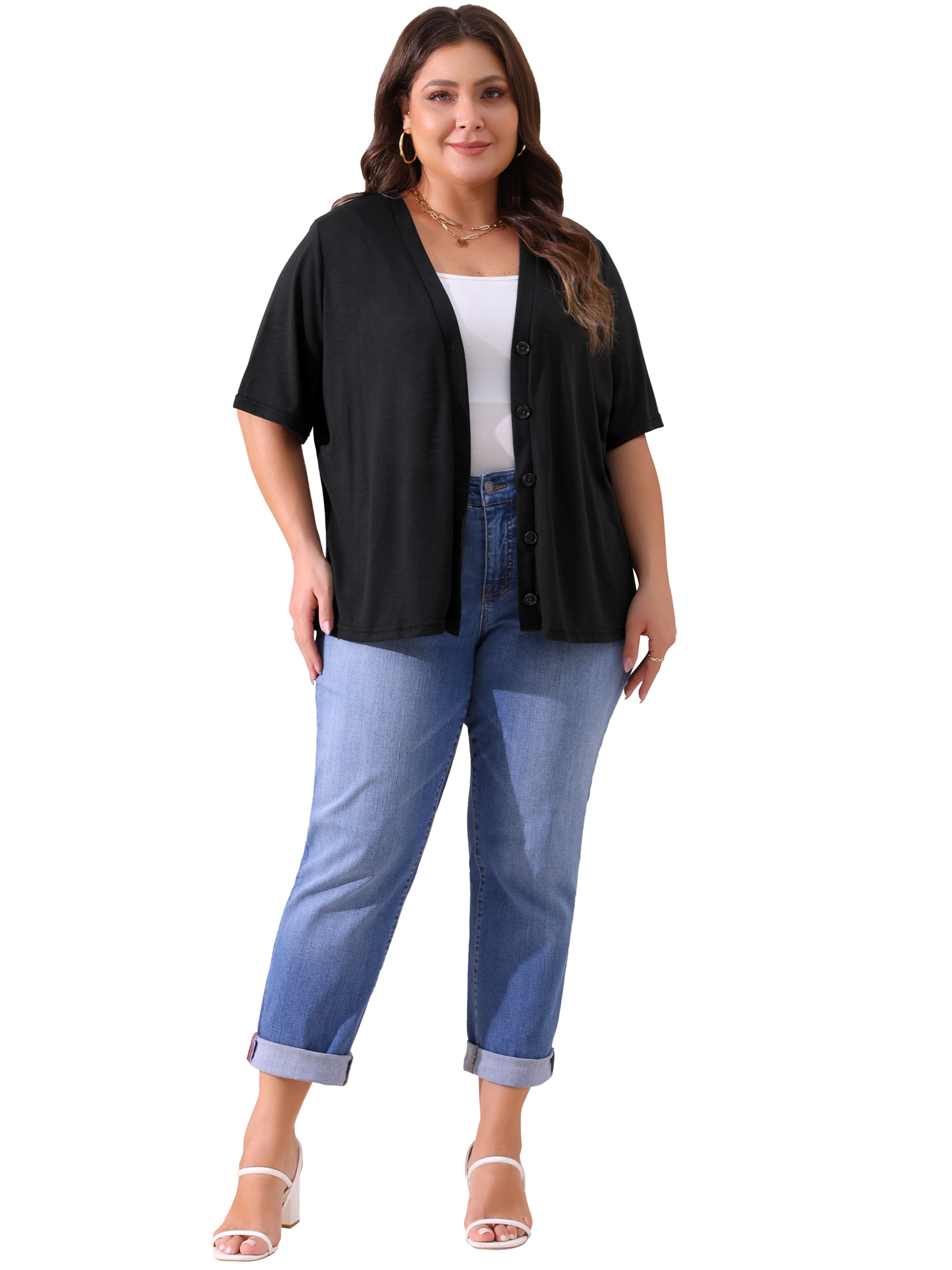 DARING DIVA Women's Plus Button Down Sheer Knitted Sweater 2X Black