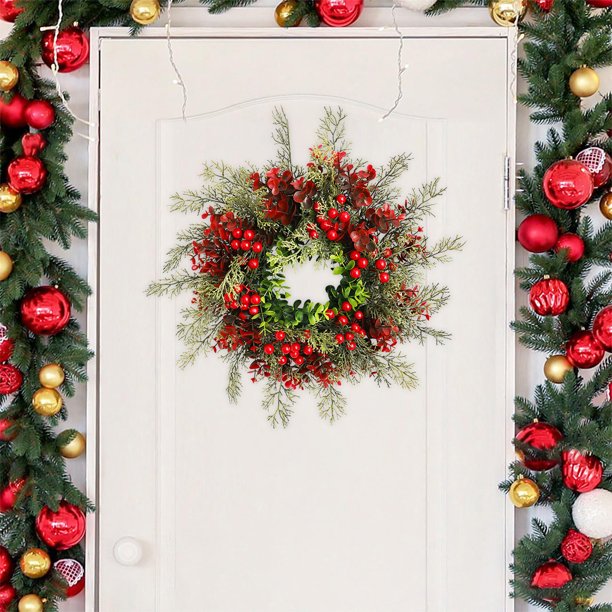 Seyotauo 16 Inch Xmas Wreath Decor Artificial Pine Needle Garland with Red Fruits for Door and Wall Hanging Xmas Party Pendant Decoration Create Joyful Atmosphere