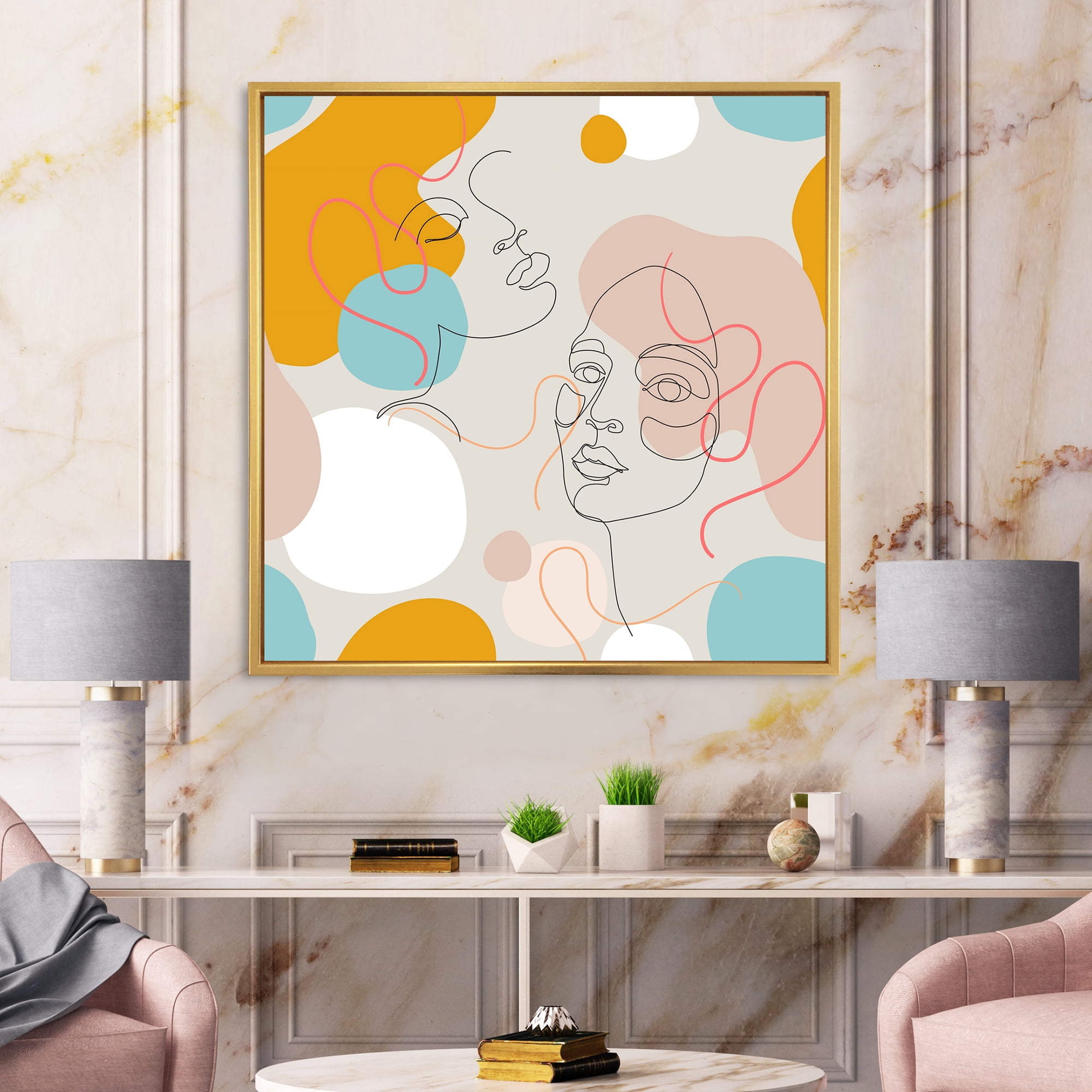 Designart 'Minimal Portrait of Female Face Drawn With One Line II' Modern Framed Canvas Wall Art Print
