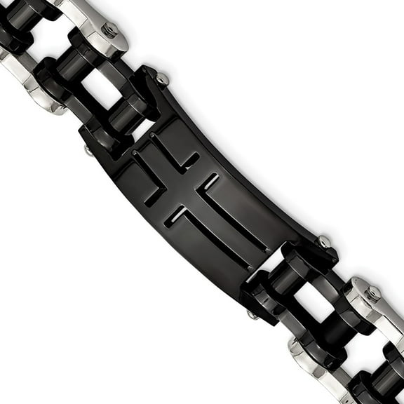 Primal Steel Stainless Steel Polished Black IP-plated Cross 9 Inch ID Bracelet
