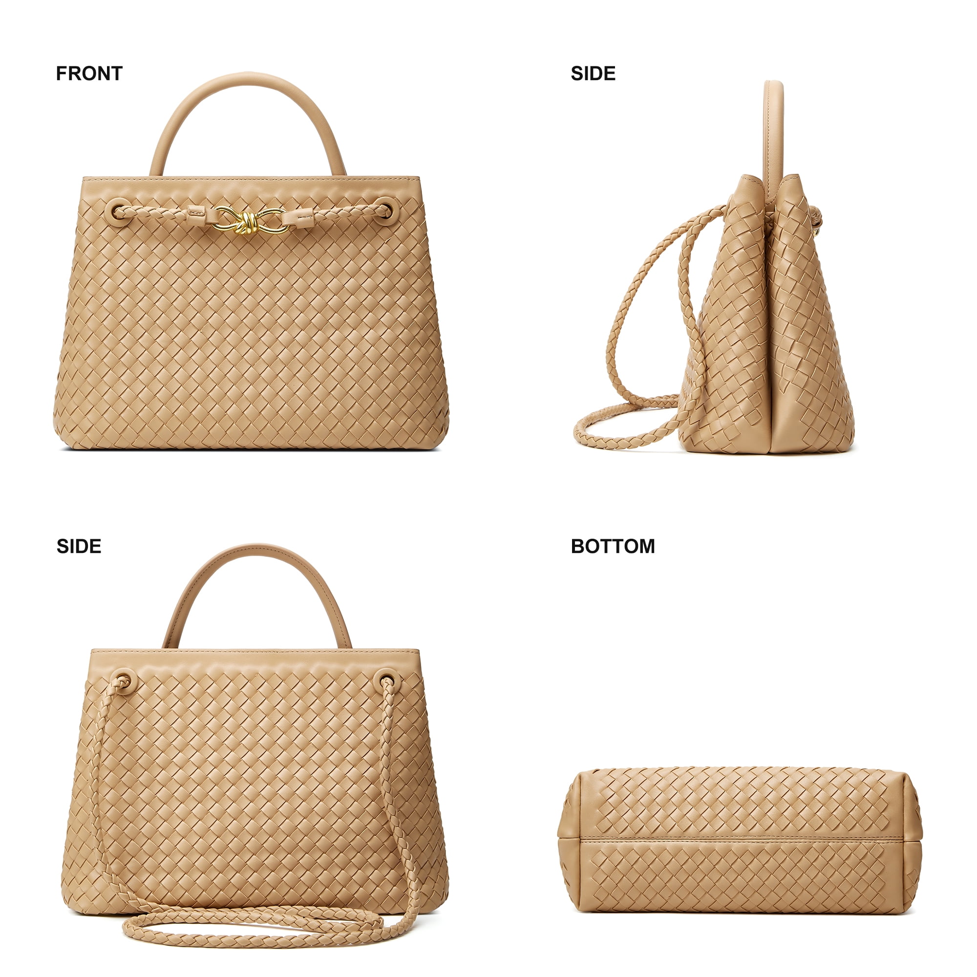 Woven Bag for Women Shoulder Purse: Vegan Leather Handbag - Handmade Tote Bag - Elegant Satchel Bag with Bowknot (Apricot, Large)