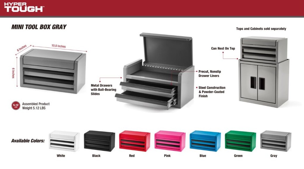 Hyper Tough Mini 10-inch 2-Drawer Steel Toolbox, Gray