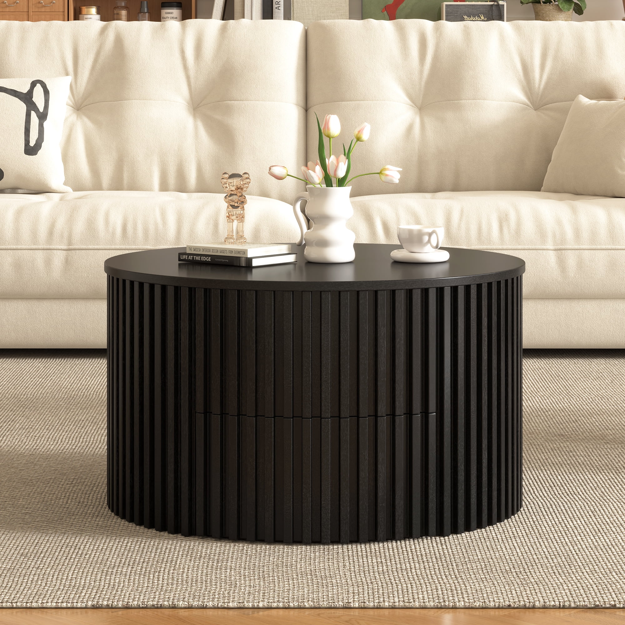Mintazer Farmhouse Round Lift Top Coffee Table, Modern Fluted Accent Coffee Table with Drawer & Hidden Storage for Living Room, Black