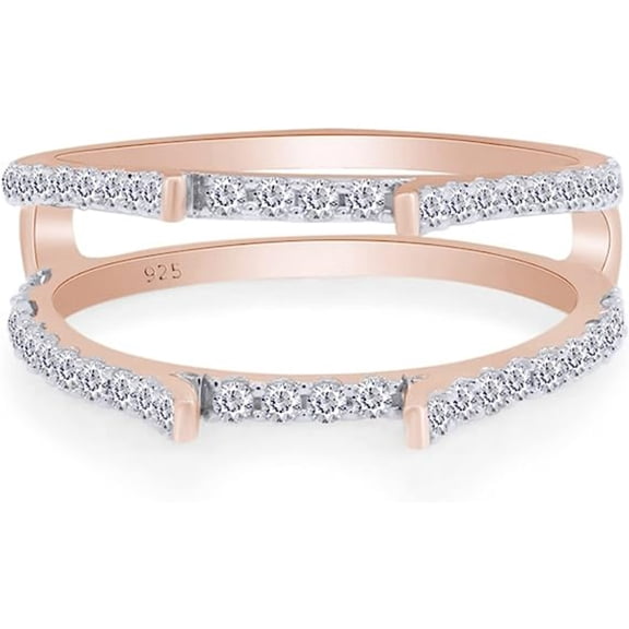 Jewelsyard Created Sparkling Moissanite Round Cut White Diamond 925 Sterling Silver 14K Rose Gold Finish Cathedral Ring Wedding Engagement Enhancer Guard Ring Gift For Women