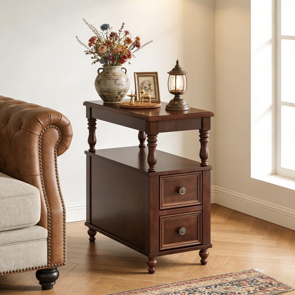 Tribesigns Solid Wood End Table, Mid-Century Side Table with 2 Drawers & 2-Tier Open Shelf