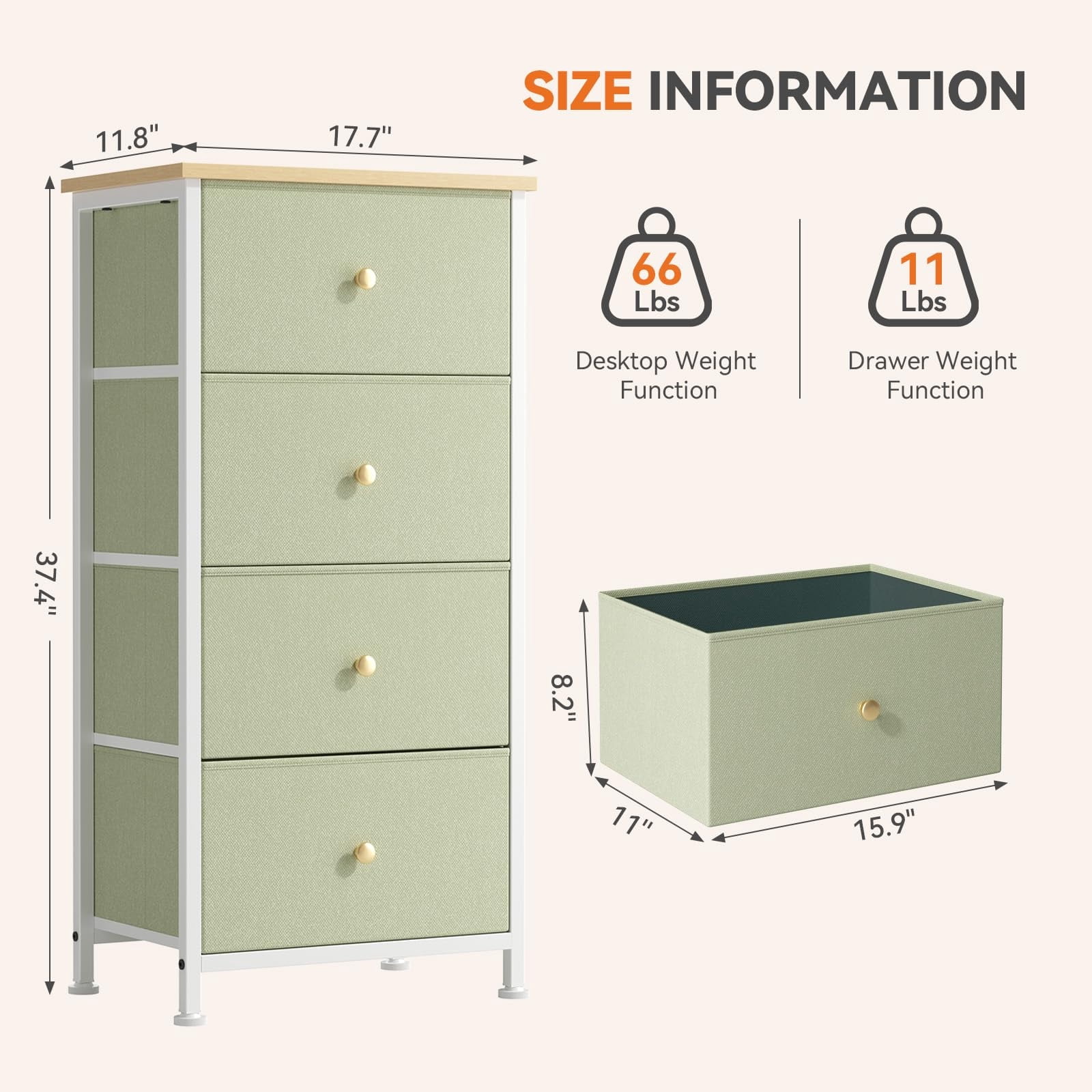 Telyra 4-Drawer Fabric Dresser 37.4" Tall Storage Tower with Wood Top and Steel Frame Narrow Organizer, Light Green