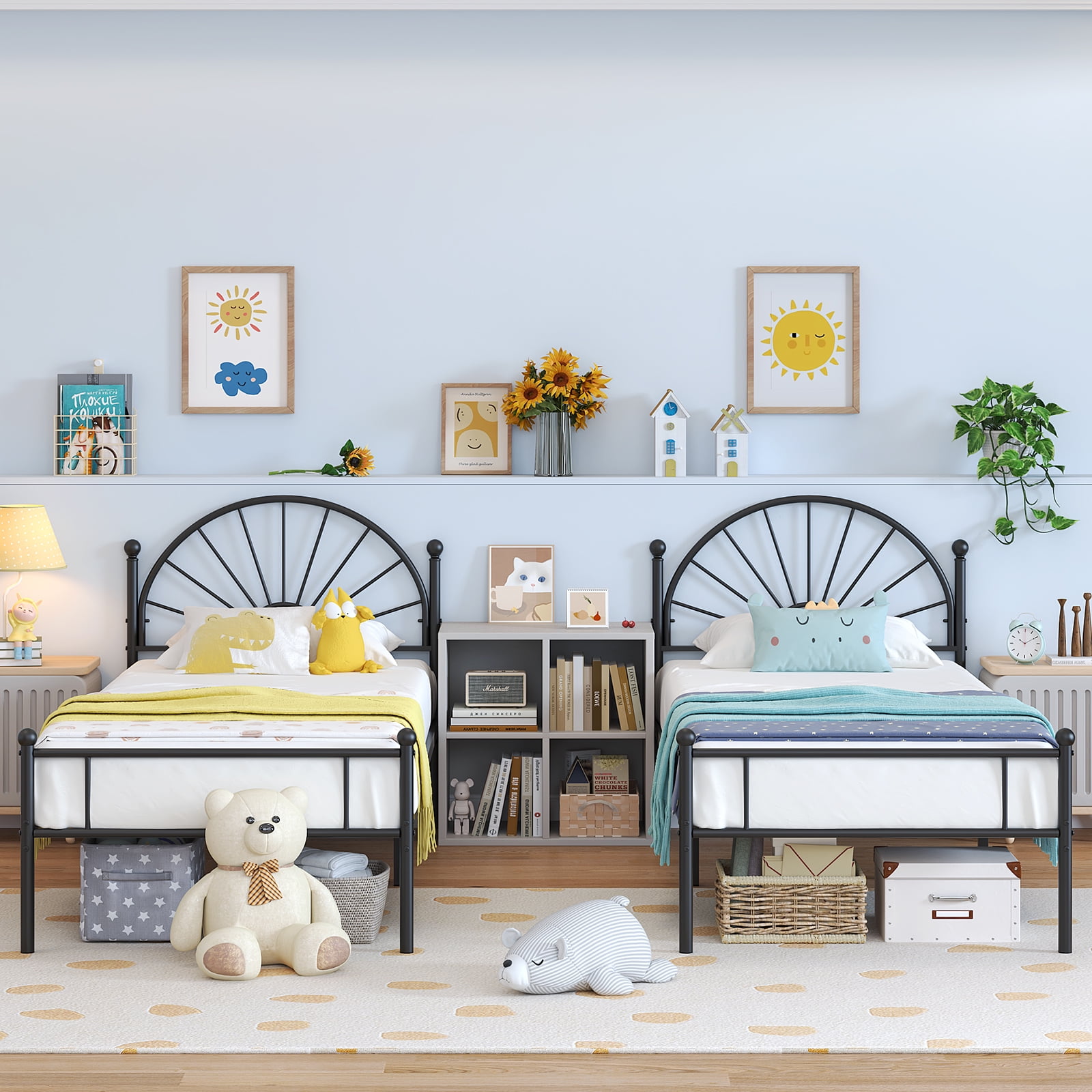 Yoneston Twin Metal Bed Frame with Unique Sun Curve Shape Headboard for Teens Kids Toddlers Bedroom Furniture, Black