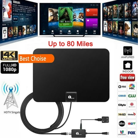 Clear Tv Antenna Booster Updated 2019 1byone TV Antenna 80 Miles Long Range Amplified HDTV Antenna with Signal Booster and10ft Cable for the Highest Performance - Black ()