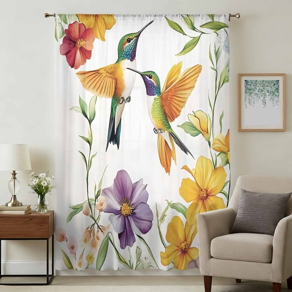 Spring Floral Sheer Curtains 72 Inches Long, Summer Botanical Birds Colorful Light Filering Curtains, Breathable Simi Curtain Privacy Drapes for Living Room Bedroom Lightweight Window Treatment