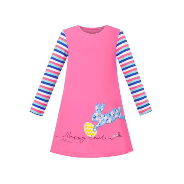 Vestido de Niña Bordado Feliz Pascua Huevo Rabbit Aplique Rayas Manga Larga 4 Años