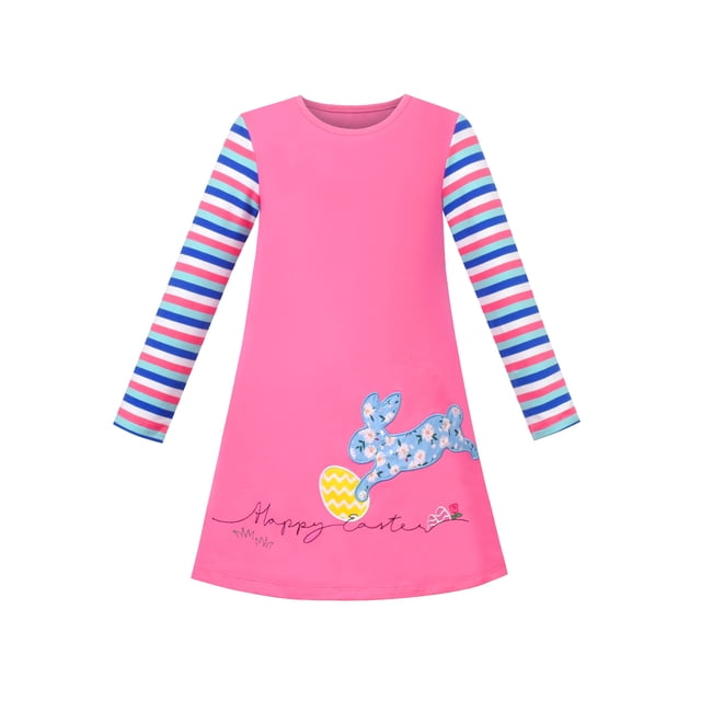 Vestido de Niña Bordado Feliz Pascua Huevo Rabbit Aplique Rayas Manga Larga 5 Años