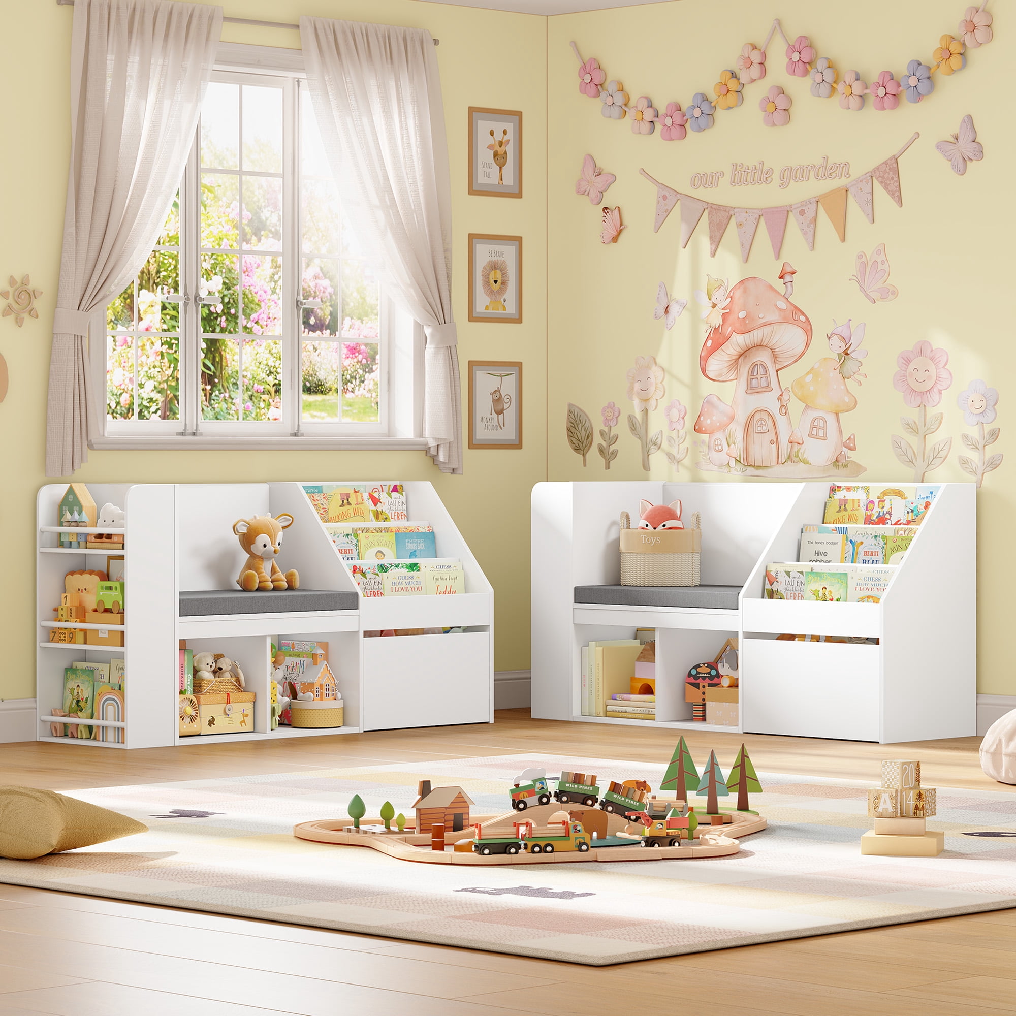 Hiphuta 49"W Kids Bookcase with Reading Nook & Side Storage, Toy Storage Organizer with Book Rack & Drawer for Kids Room