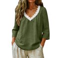 thumbnail image 2 of gbyLJF Women V Neck Shirts Cotton Lined Loose Fit 3/4 Length Sleeve T-Shirts Spring Solid Color Casual Tops Lace Blouse, 2 of 6