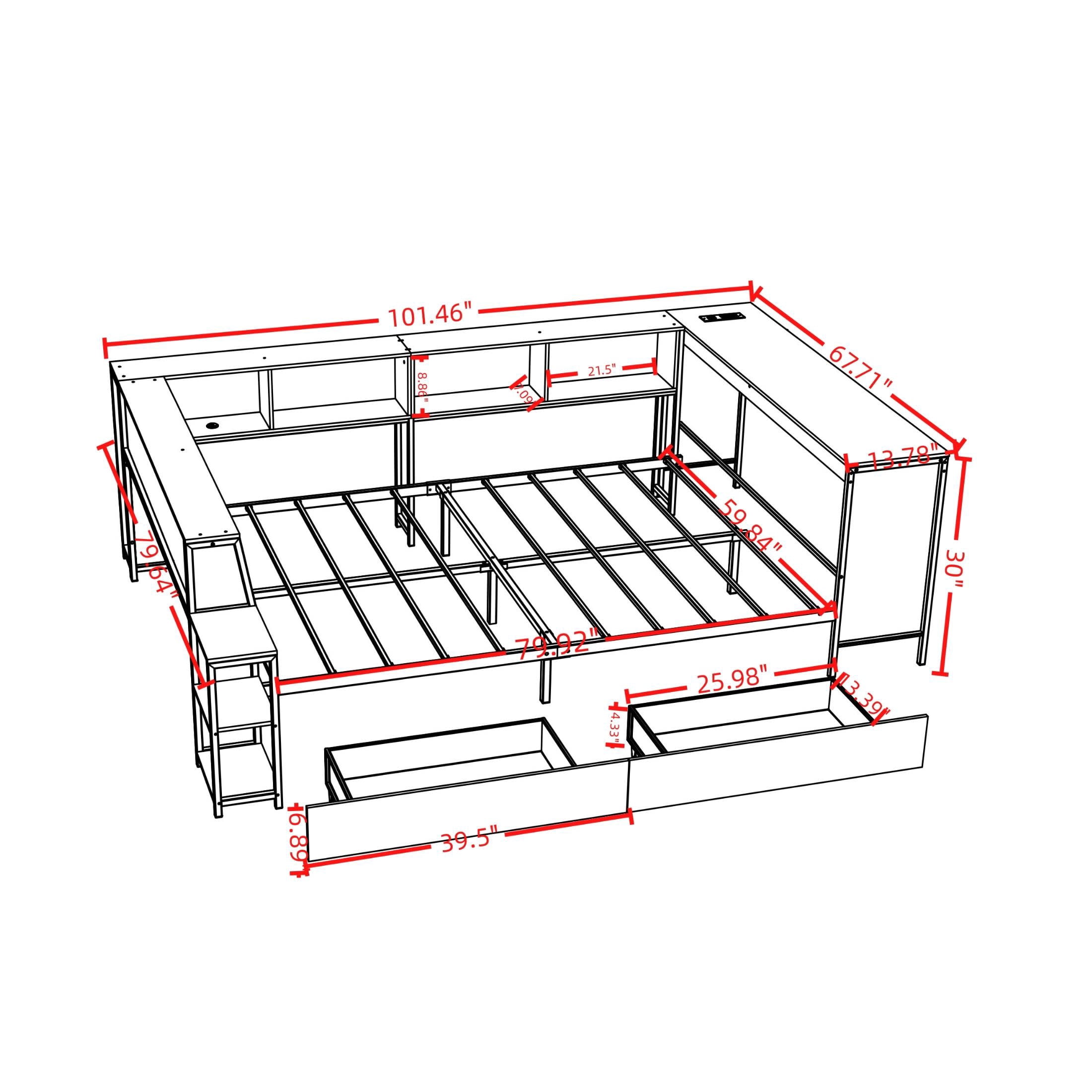 Noble House Heliox Queen Reversible Corner Bed Frame with Bookcase and Drawers, LED Light, Charging Station, Black