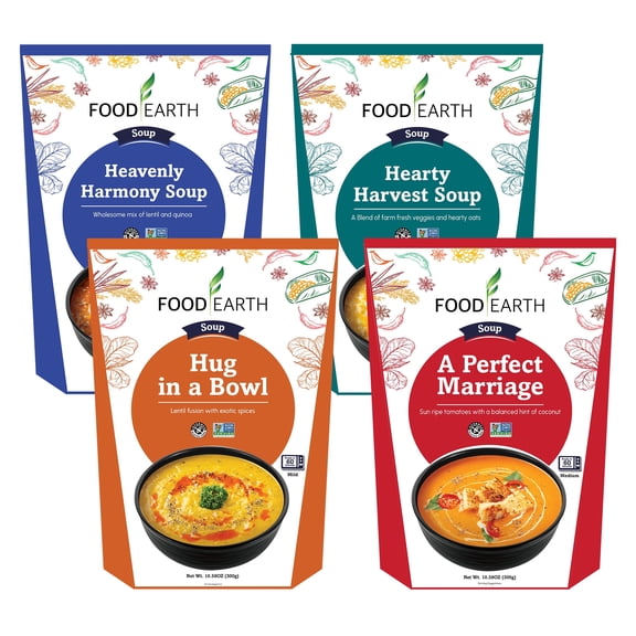 Food Earth -Ready to Eat Indian Soup – 4 Flavor Variety Pack – Non GMO, Vegan, Gluten-Free, Heat & Serve,10.58 oz, 4 units Shelf Stable