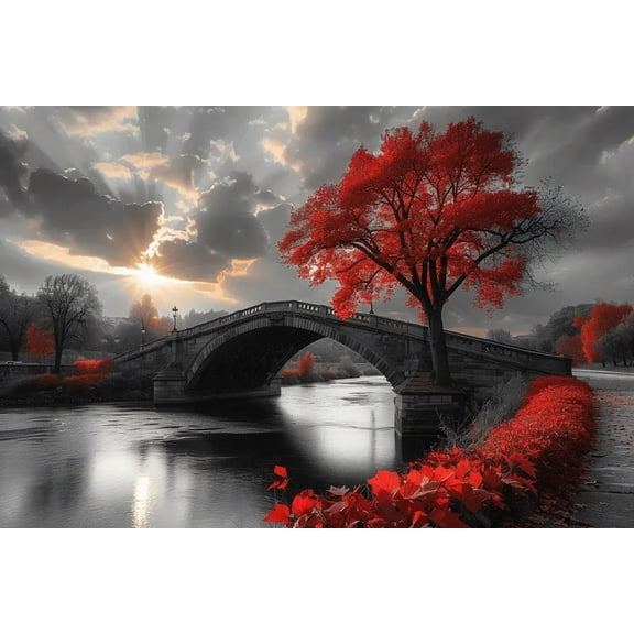 Fun Jigsaw Puzzle for Adults 500 Pieces Black and White Bridge and Red Tree Wall Art Wooden Puzzles Best Brain Exercises Educational Gift Home Decor