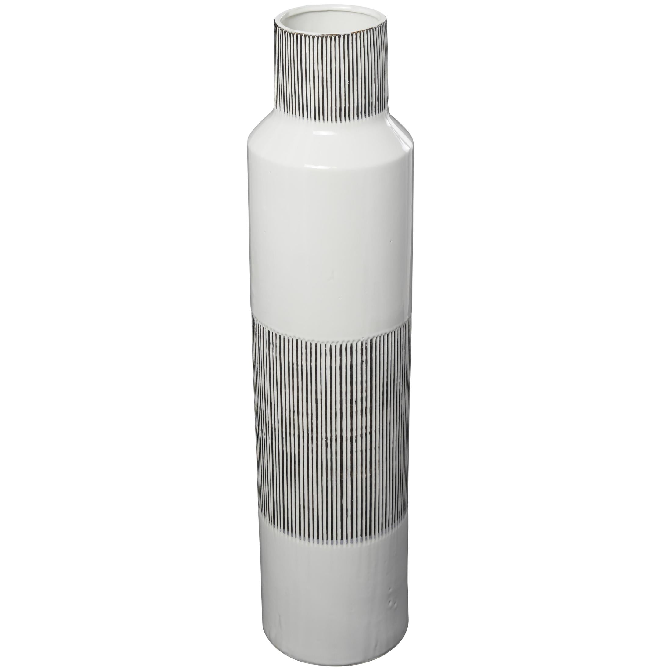 DecMode 37" Handmade White Ceramic Vase with Gray Striped Accents