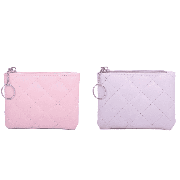 Zippered Rhombus Embroidery Coin Purse - PU Leather Portable Mini Wallet with Keychain, Purple&Pink Unisex Short Purse for Coins, Keys & Small Items