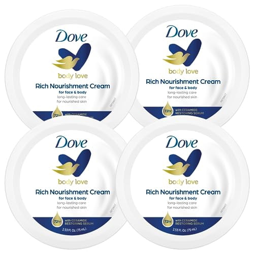 Dove Nourishing Body Care, Face, Hand, and Body Rich Nourishment Cream for Extra Dry Skin with 48-Hour Moisturization, 4-Pack, 2.53 Oz Each Jar