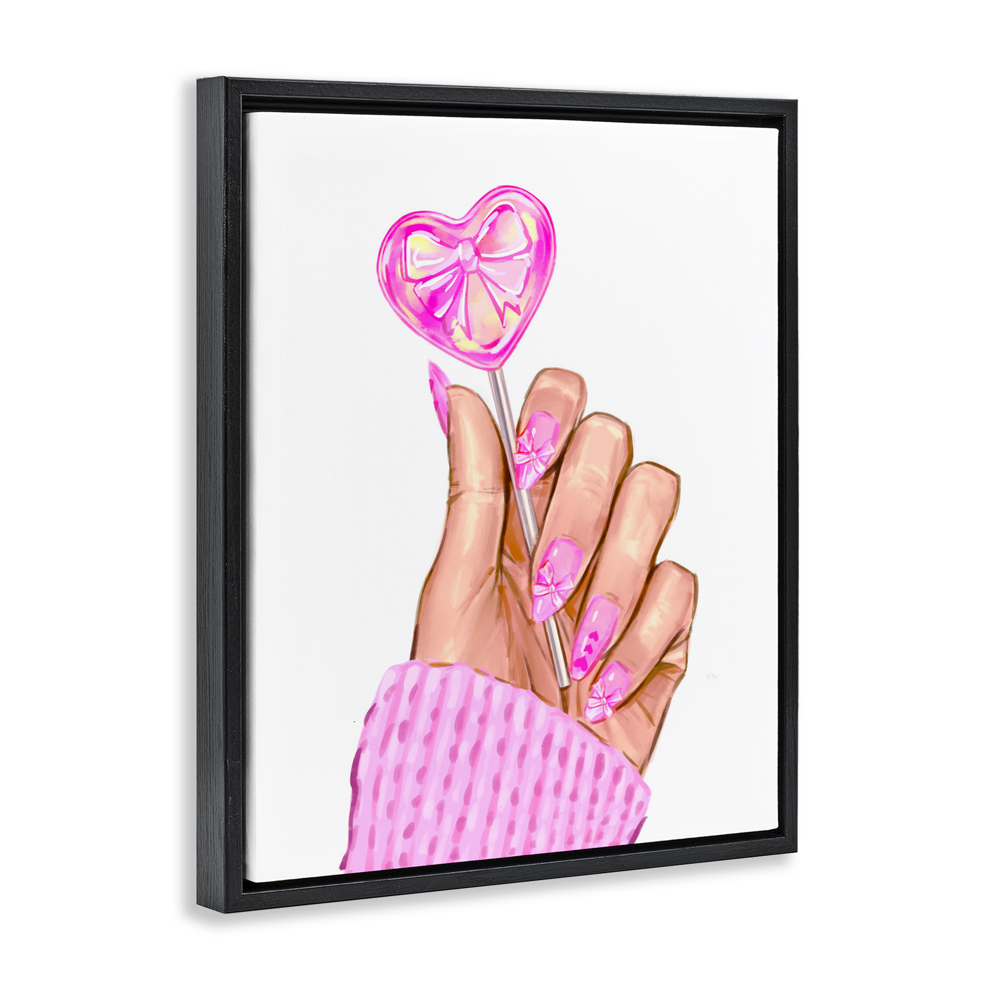 Pink Fashion Bow Lollipop Black Framed Floater Canvas Wall Art, design by Ziwei Li