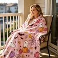 thumbnail image 6 of Cute Halloween Flannel Fleece Blanket – Pink Soft Throw with Ghosts, Pumpkins & Bats Print, Cozy Lightweight Bedding for Couch, Sofa & Autumn Decor, 6 of 7