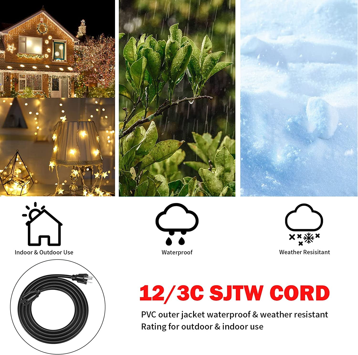 EP 15 Ft 12/3 SJTW Black Outdoor/Indoor Extension Cord, Durable Electrical Cable