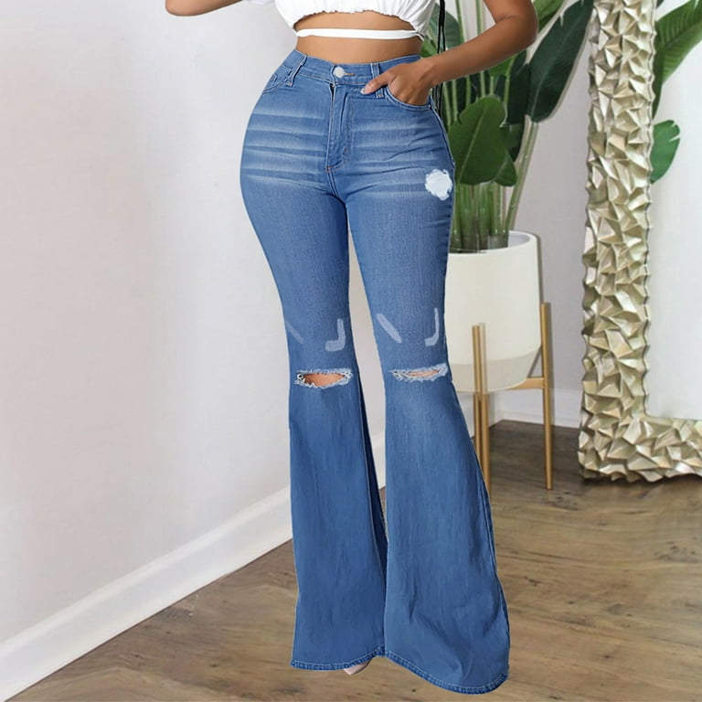 ZMHEGW Women's Skinny Ripped Bell Bottom Jeans High Waisted Flare