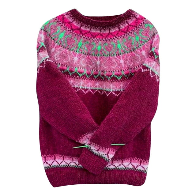Breezora Chandail pour Femmes à Motif d'Île Vintage, Tricot Coloré, Chandail à Manches Longues, Col Rond, Coupe Ample, Haut Décontracté d'Hiver, Taille P, Rouge
