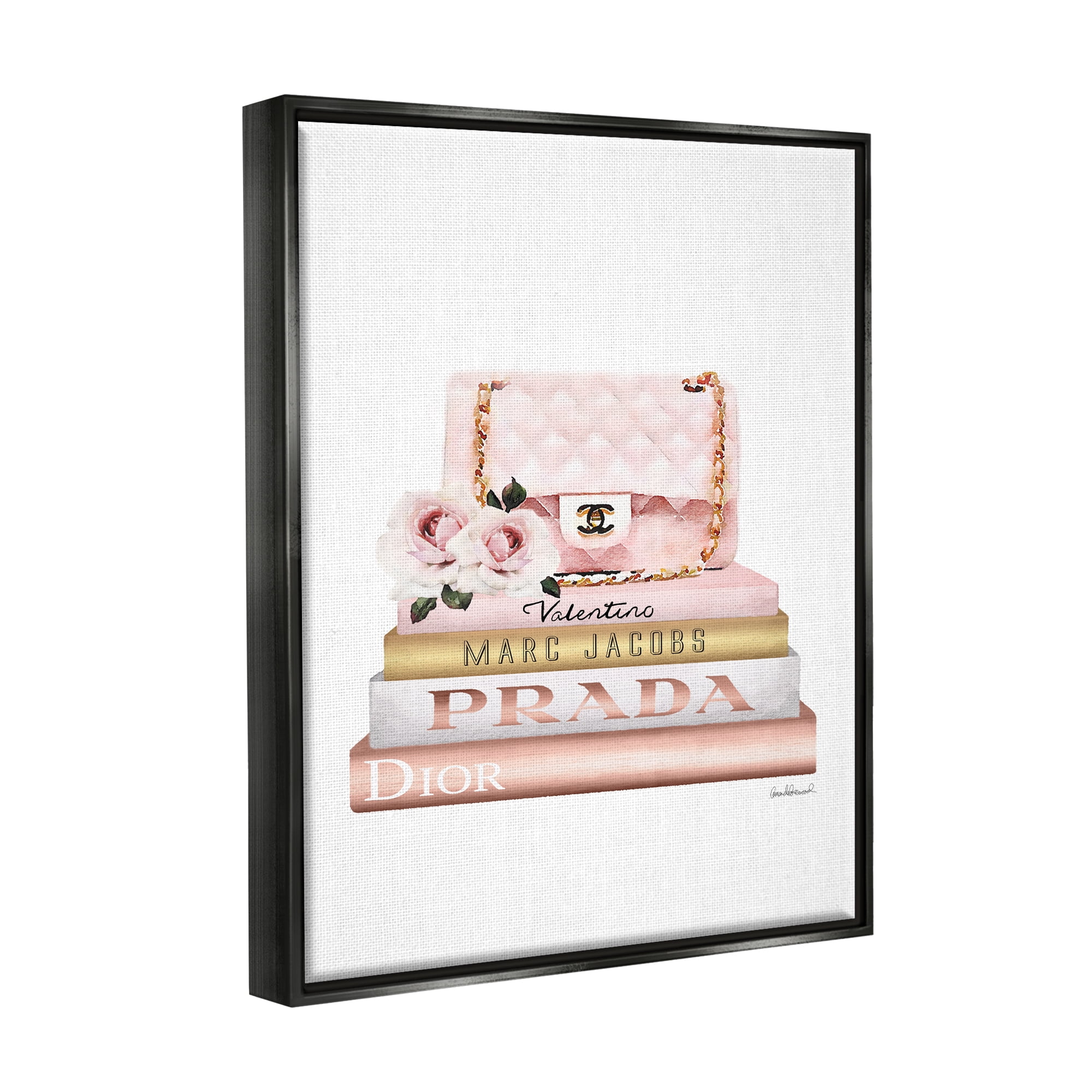 Stupell Industries Pink Purse Gold Bookstack Glam Fashion Watercolor Design Jet Black Framed Floating Canvas Wall Art, 16x20, by Amanda Greenwood