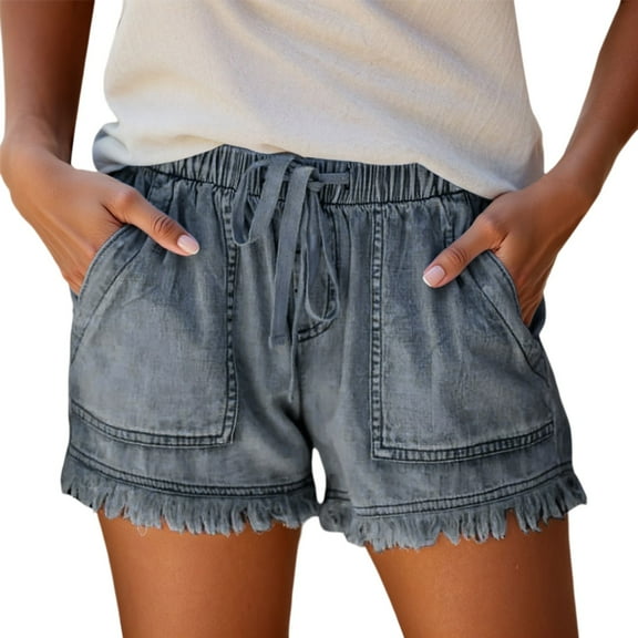 Hienoo Women's Plus Size Tassel Denim Shorts Elastic Waist Pocket Casual Jean Shorts, Sizes XS-XXXL