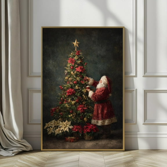 Santa Decorating Christmas Tree Print Wall Art, Rustic Holiday Oil Painting, Dark Academia Christmas Art, Moody Winter Wall Decor, 8x12 UNFRAMED