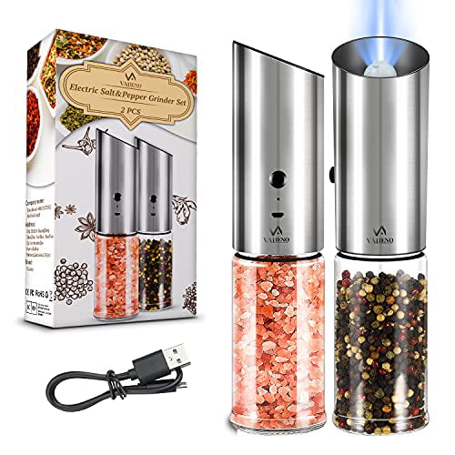 Salt And Pepper Mill Set Stainless Steel Rechargeable Adjustable Grinder w/ LED 