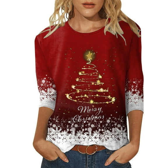 Christmas Tops for Women 3/4 Sleeve T Shirts Daily Print Crewneck Printed Flower Loose Side Split Tunic Holiday Graphic Tees Blouses