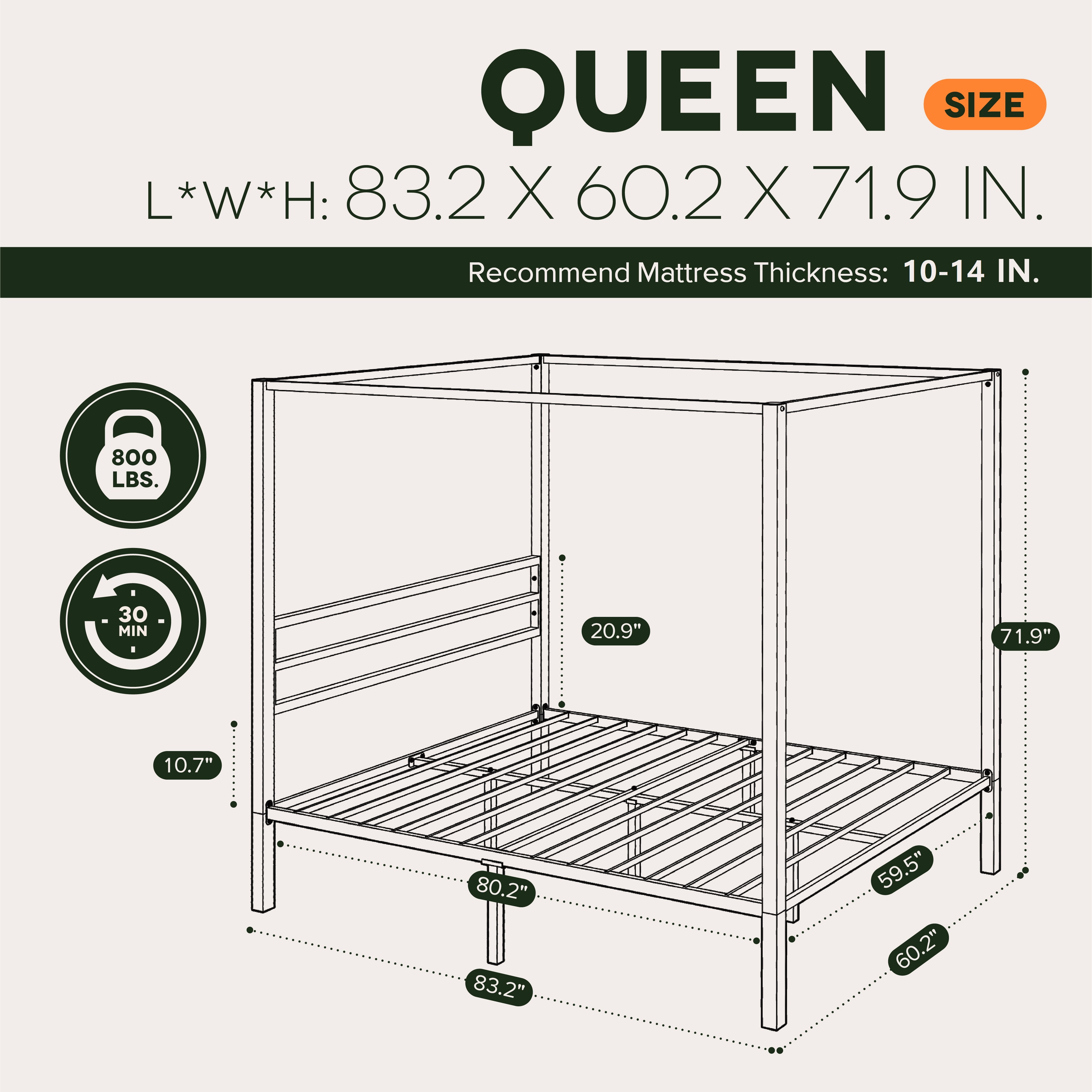 Einfach Queen Size Canopy Bed Frame with Metal Headboard, No Box Spring Needed, White