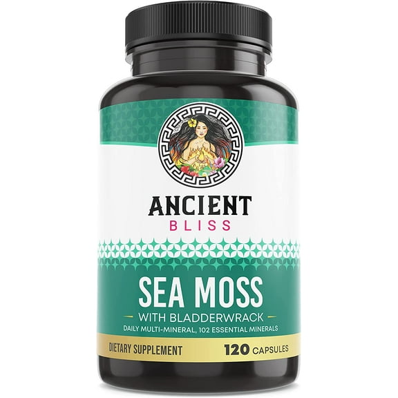 Ancient Bliss Organic Irish Sea Moss Pills, Rich in 102 Minerals -Dr. Sebi Wildcrafted Sea Moss Capsules Thyroid, Healthy Skin & Joint Support, 120 Capsules