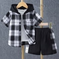 thumbnail image 2 of HCNTES Toddler Boys Outfits Short Sleeve Plaid Hooded Tops Shorts Child Kids 2Pcs Set Boy Clothing Sets, 2 of 3