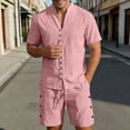 thumbnail image 2 of JAJAHO Mens Linen Shirt And Shorts Set Summer Short Sleeve Casual Breathable Comfortable Solid Color V Neck Shirts For Business Travel 2 Piece Cozy Outfit, 2 of 5