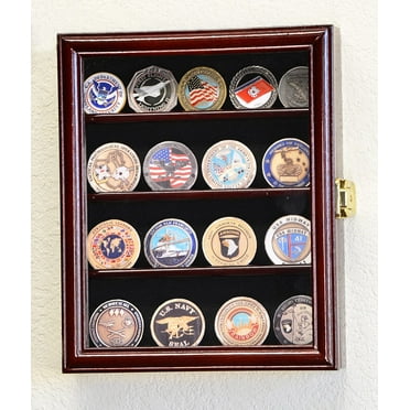 XS Military Challenge Coin Display Case Cabinet Holder Rack Box w/UV Protection -Cherry Finish