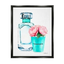 Stupell Industries Teal Blue Perfume Bottle and Pink Peonies Jet Black Framed Floating Canvas Wall Art, 16x20, by Amanda Greenwood